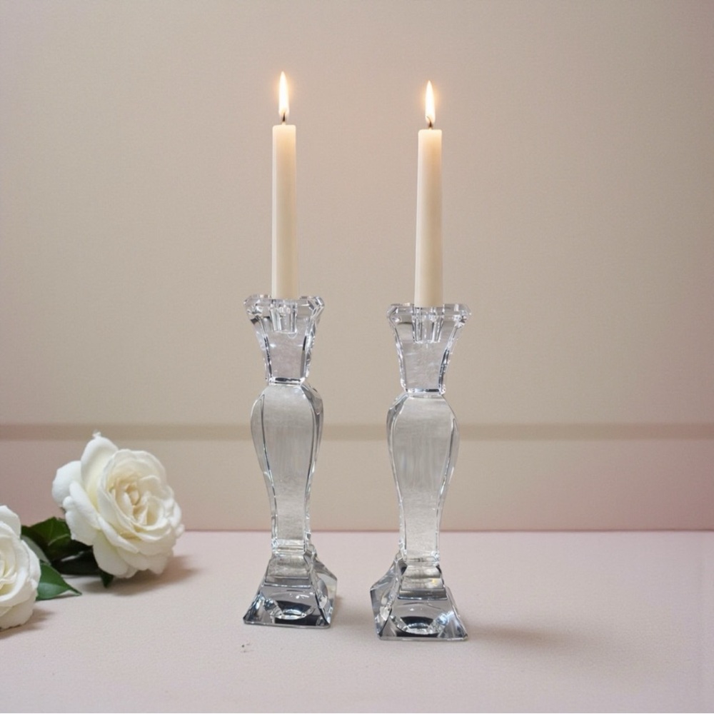 Candle Holder Set 2 Lead Crystal Taper Modern Clear Glass Elegant Decor 10”